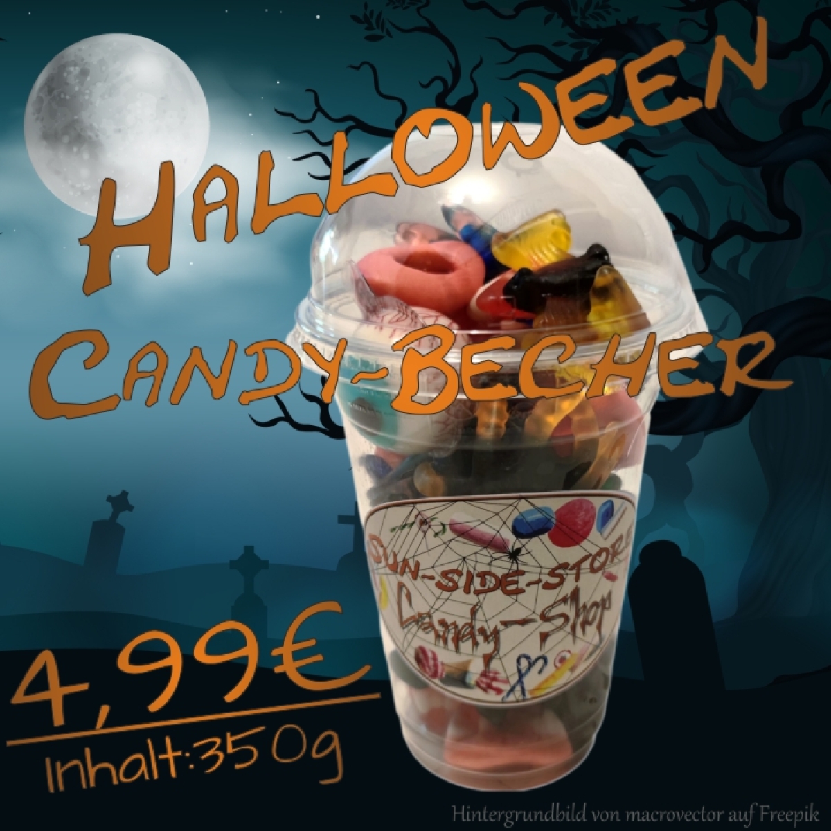 Halloween Süßigkeiten Becher mit 350g Füllung. Mit extra gruseligen Süßigkeiten wie Augen und Spinnen.